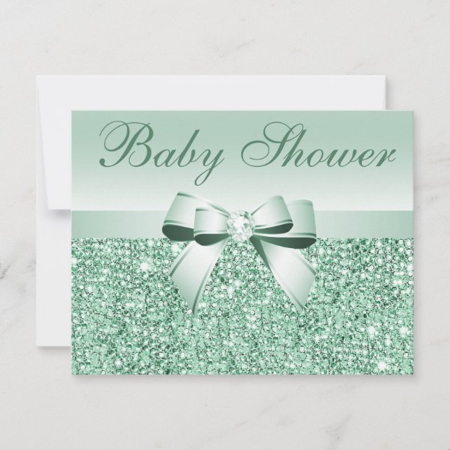 Printed Green Sequins, Bow & Diamond Baby Shower Invitation (Front)