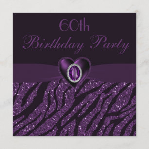 Printed Jewel Heart & Zebra Glitter 60th Birthday Invitation