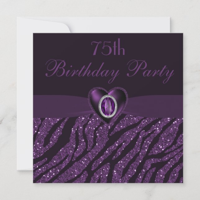 Printed Jewel Heart & Zebra Glitter 75th Birthday Invitation (Front)