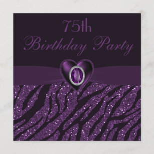 Printed Jewel Heart & Zebra Glitter 75th Birthday Invitation