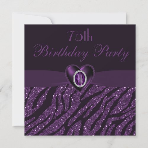 Printed Jewel Heart  Zebra Glitter 75th Birthday Invitation