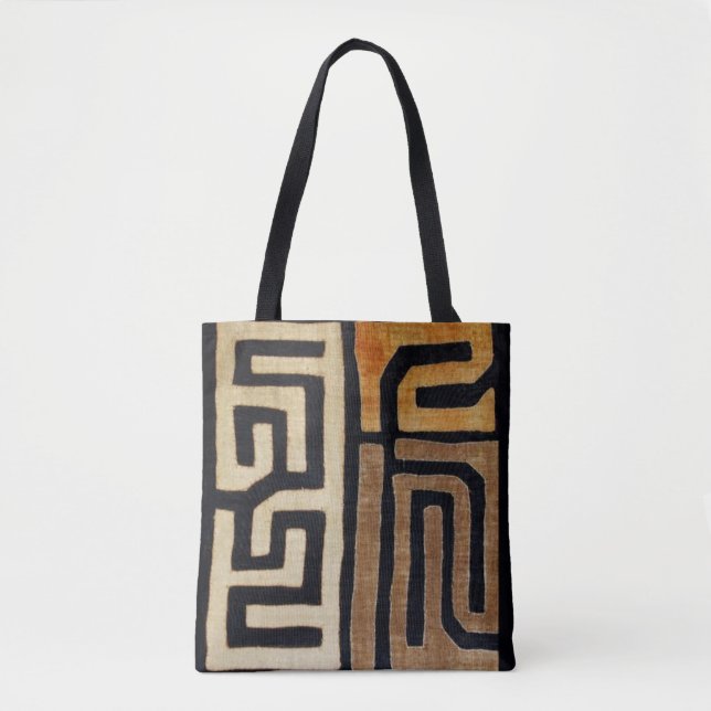 Printed Kuba Cloth Tote, Beige, Brown, Black Tote Bag (Front)