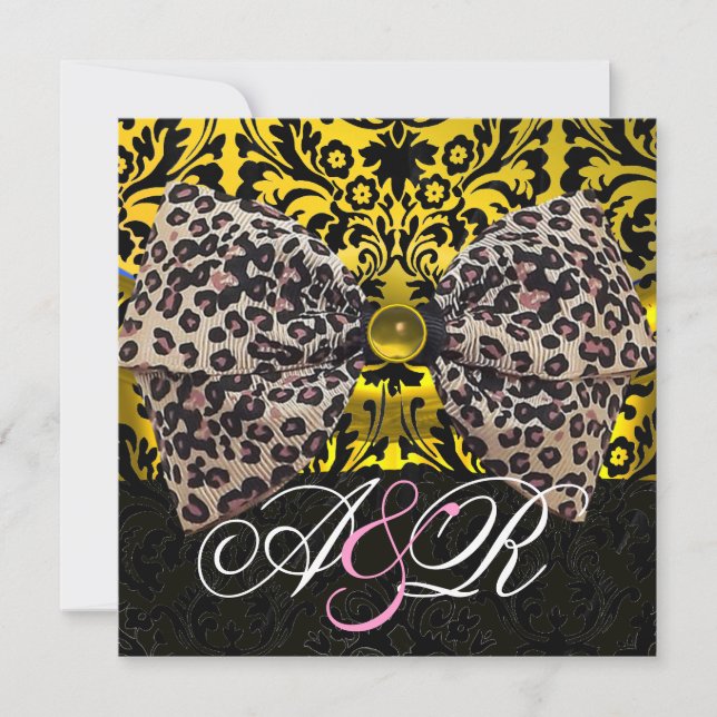 PRINTED LEOPARD FUR BOW GOLD BLACK DAMASK MONOGRAM INVITATION (Front)