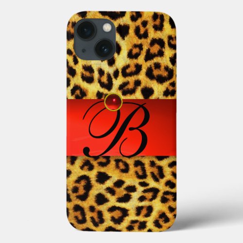 PRINTED LEOPARD FUR RED RUBY GEMSTONE MONOGRAM iPhone 13 CASE