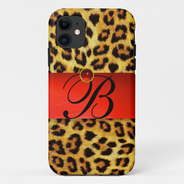 PRINTED LEOPARD FUR RED RUBY GEMSTONE MONOGRAM, Case-Mate iPhone CASE (Back)