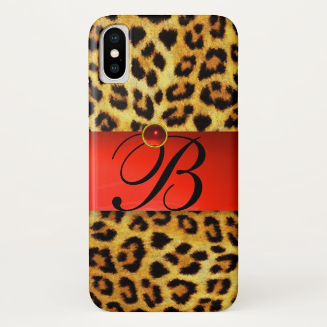PRINTED LEOPARD FUR RED RUBY GEMSTONE MONOGRAM, Case-Mate iPhone CASE (Back)