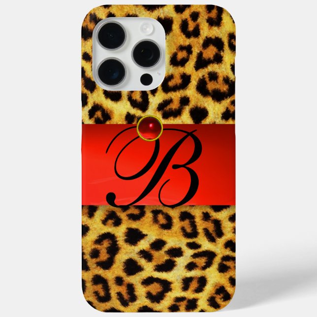PRINTED LEOPARD FUR RED RUBY GEMSTONE MONOGRAM, Case-Mate iPhone CASE (Back)