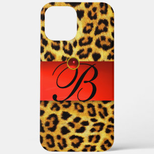 PRINTED LEOPARD FUR RED RUBY GEMSTONE MONOGRAM, iPhone 12 PRO MAX CASE