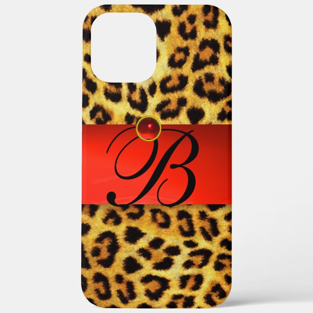 PRINTED LEOPARD FUR RED RUBY GEMSTONE MONOGRAM, Case-Mate iPhone CASE (Back)