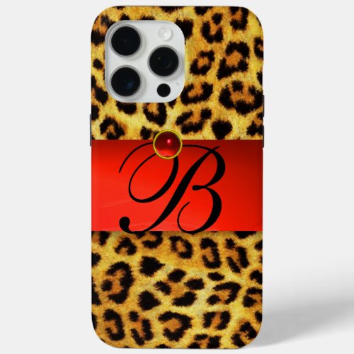 PRINTED LEOPARD FUR RED RUBY GEMSTONE MONOGRAM iPhone 15 PRO MAX CASE