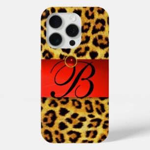 PRINTED LEOPARD FUR RED RUBY GEMSTONE MONOGRAM, iPhone 15 PRO CASE