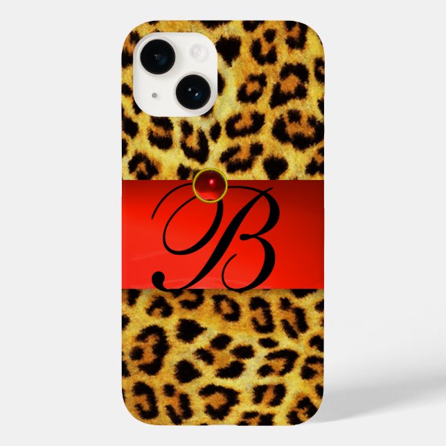 PRINTED LEOPARD FUR RED RUBY GEMSTONE MONOGRAM, Case-Mate iPhone CASE (Back)