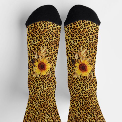 PRINTED LEOPARD FUR RIBBON AND SUFLOWERS SOCKS