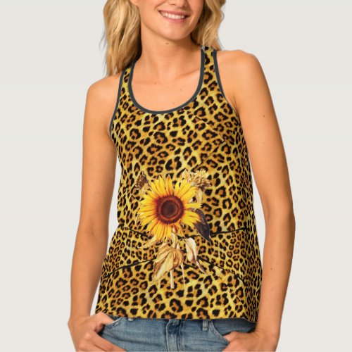 PRINTED LEOPARD FUR RIBBON AND SUFLOWERS TANK TOP