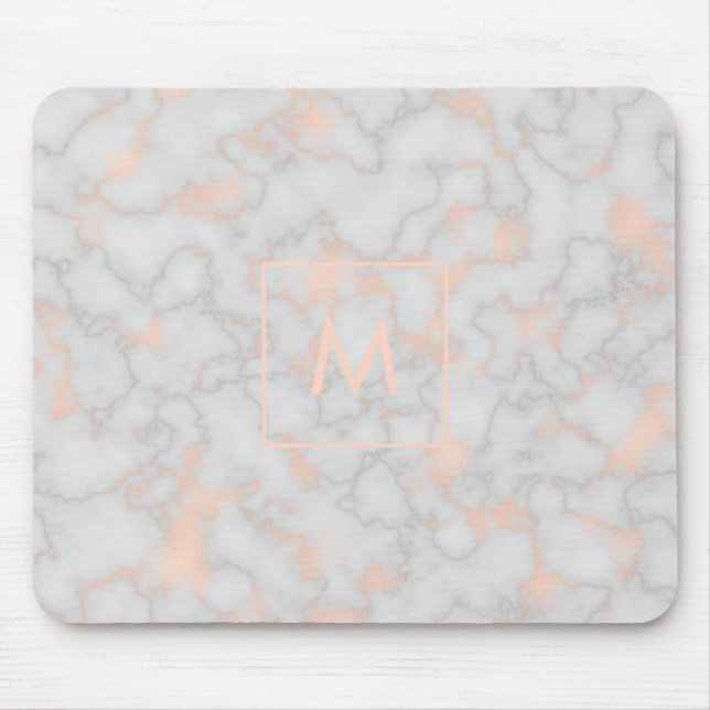Printed Marble and Rose Gold Monogram Mouse Pad (Front)
