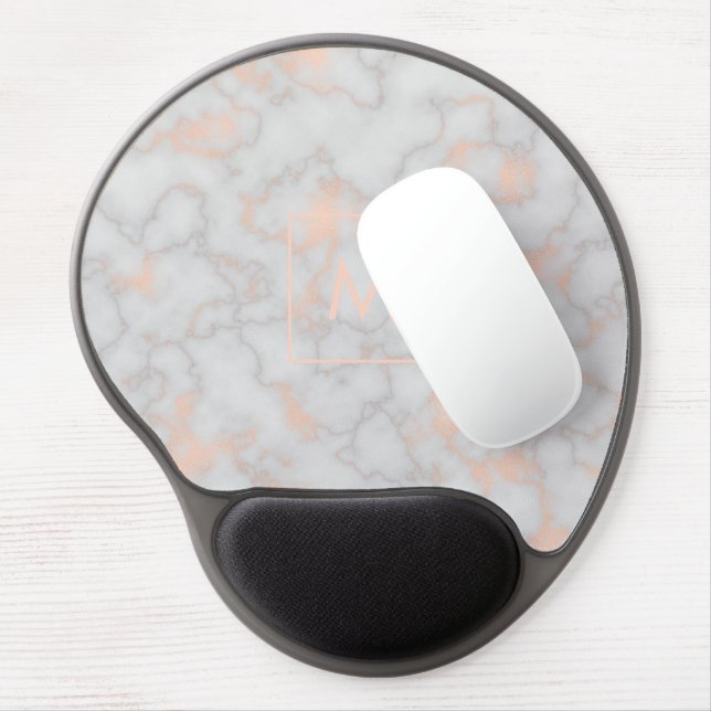 Printed Marble and Rose Gold Texture Monogram Gel Mouse Pad (Left Side)