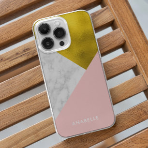 Printed Marble Pattern and Gold Texture iPhone 15 Plus Case