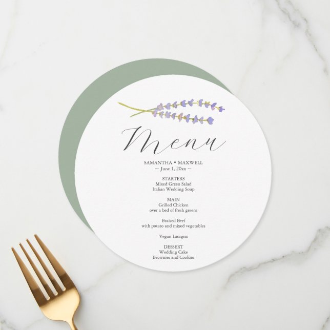 Printed Menu Cards for Weddings Lavender (Front/Back In Situ)