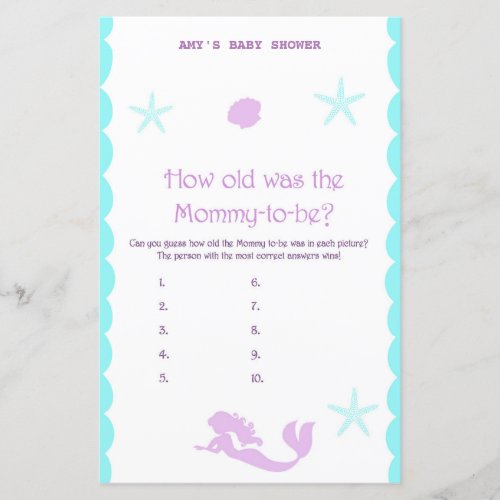 Printed Mermaid Baby Shower Game