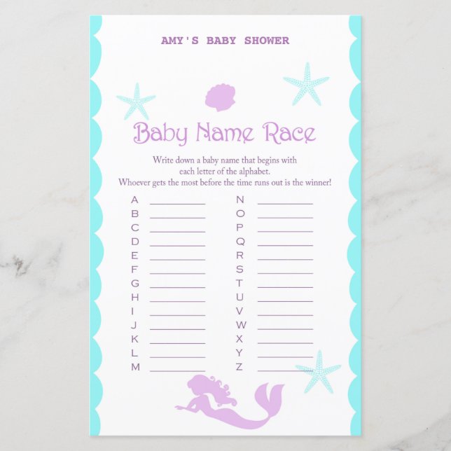 Printed Mermaid Baby Shower Game (Front)