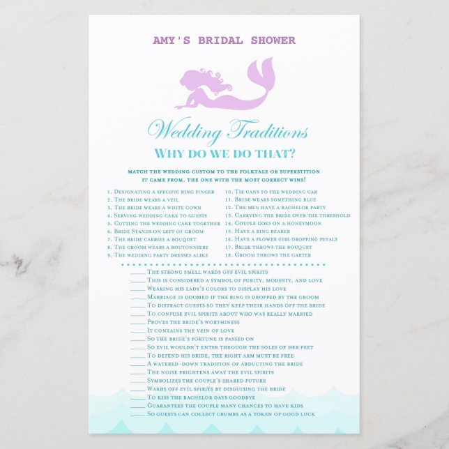 Printed Mermaid Bridal Shower Game, Wedding Shower (Front)
