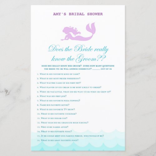 Printed Mermaid Bridal Shower Game Wedding Shower