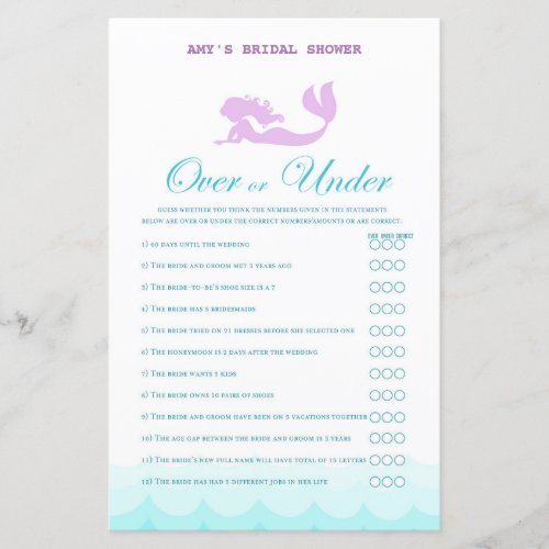 Printed Mermaid Bridal Shower Game Wedding Shower