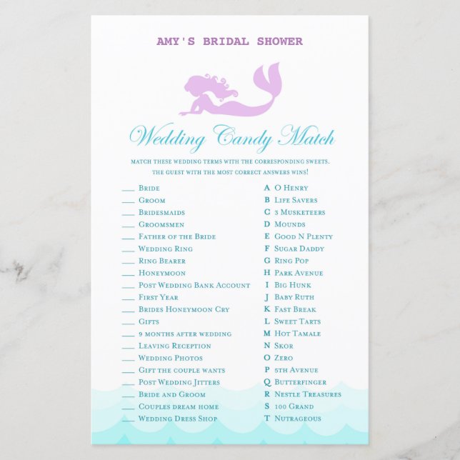 Printed Mermaid Bridal Shower Game, Wedding Shower (Front)