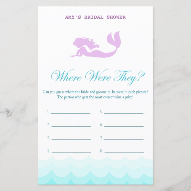 Printed Mermaid Bridal Shower Game, Wedding Shower (Front)