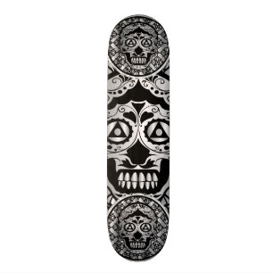 Printed metallic silver effect sugar skull style o skateboard deck