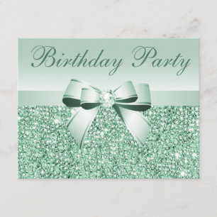 Printed Mint Green Sequins, Bow & Diamond Birthday Invitation