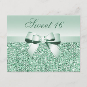 Printed Mint Green Sequins, Bow & Diamond Sweet 16 Invitation
