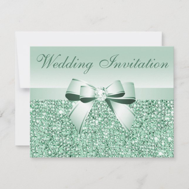 Printed Mint Green Sequins, Bow & Diamond Wedding Invitation (Front)