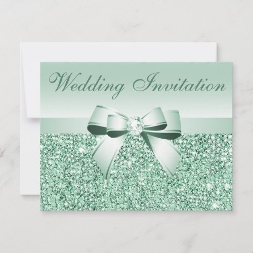 Printed Mint Green Sequins Bow  Diamond Wedding Invitation
