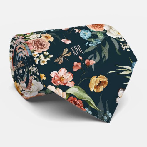 Printed Monogram on Colorful Floral Still Life Art Neck Tie