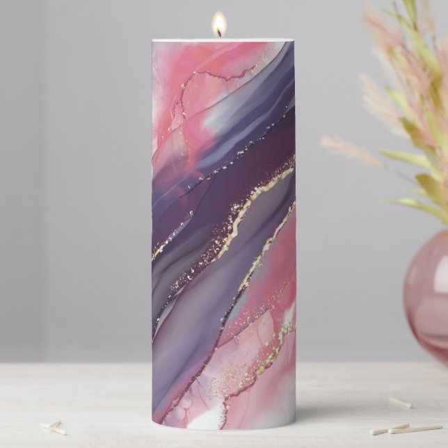 Printed Pink and Purple Marble and Glitter Pillar Candle (In Situ)