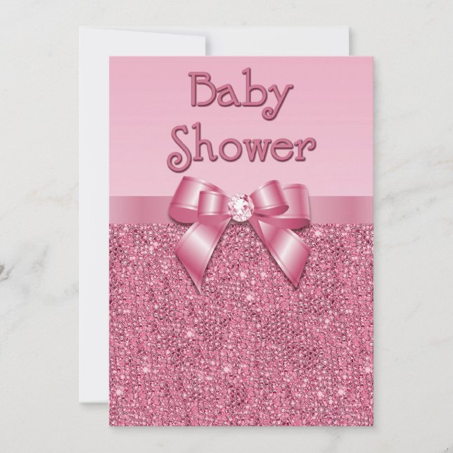 Printed Pink Sequins and Bow Girls Baby Shower Invitation (Front)