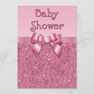 Printed Pink Sequins and Bow Girls Baby Shower Invitation