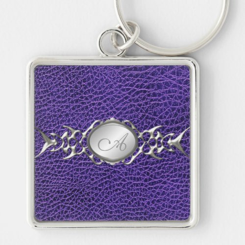 PRINTED Purple Croc and Pewter Monogram Keychain