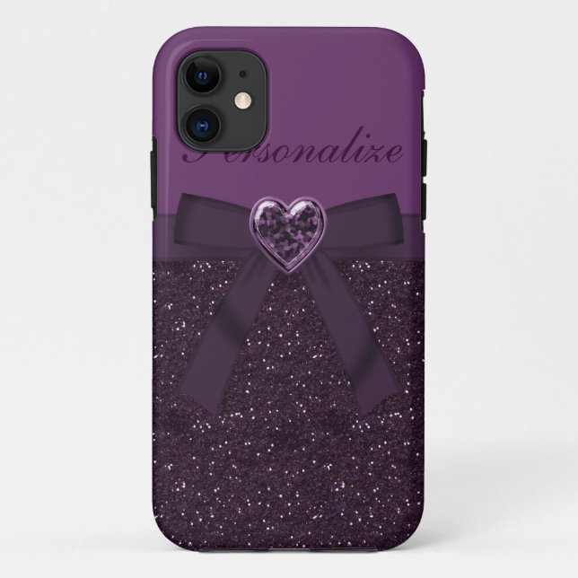 Printed Purple Glitter, Bow & Heart Jewel Case-Mate iPhone Case (Back)