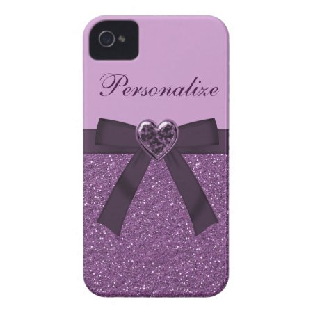 Printed Purple Glitter, Bow & Heart Jewel Iphone 4 Cover