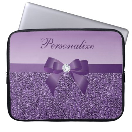 Printed Purple Sequins, Bow & Diamond Laptop Sleeve
