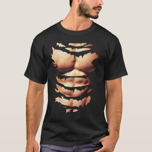 Printed Realistic Chest Six Pack Abs Muscles Funny T_Shirt