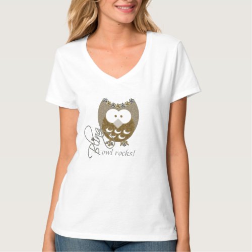 Printed Rhinestone Bling Owl Rocks T_Shirt