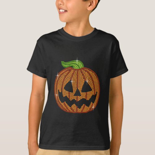 Printed Rhinestone Jackolantern Pumpkin T_Shirt