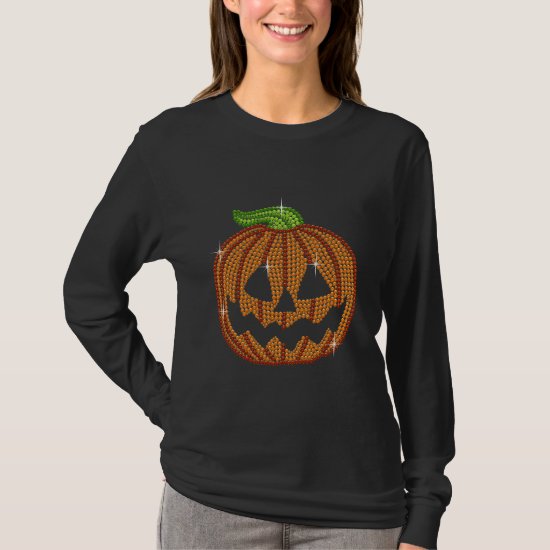 Printed Rhinestone Jackolantern Pumpkin T-Shirt