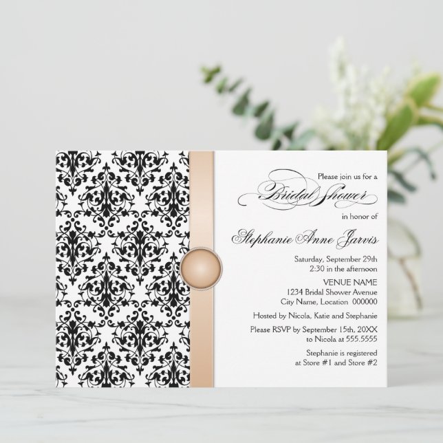 Printed Ribbon and Jewel Damask Bridal Shower Invitation (Standing Front)