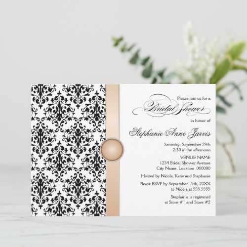 Printed Ribbon and Jewel Damask Bridal Shower Personalized Invitations