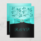 PRINTED RIBBON Aqua, Black Floral RSVP Card (Front/Back)