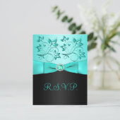 PRINTED RIBBON Aqua, Black Floral RSVP Card (Standing Front)